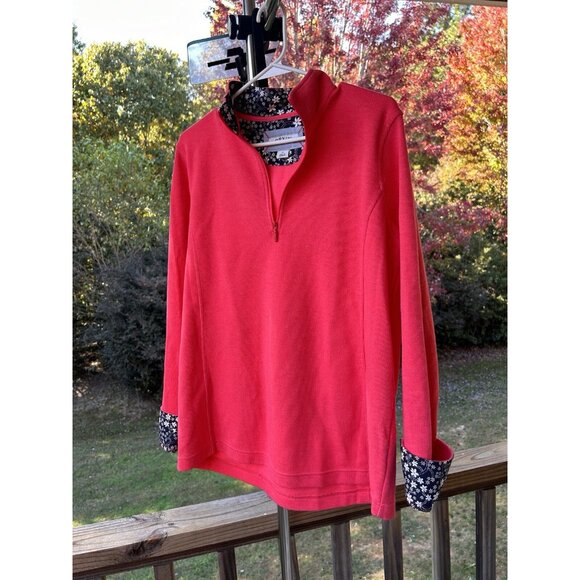 Orvis Women XL Pullover 1/4 Zip Rib Knit Sweater Coral Pullover Floral Flip Cuff - Picture 3 of 16
